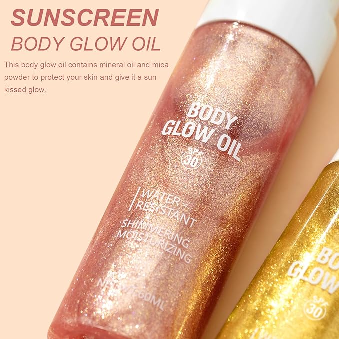Rose Gold Body Glow Oil with SPF 30 Broad Spectrum, Lightweight Sunscreen Long Lasting Shimmer Body Lotion for All Skin Types, Moisturizer Mineral Oil, Absorbs Quickly, 2 oz