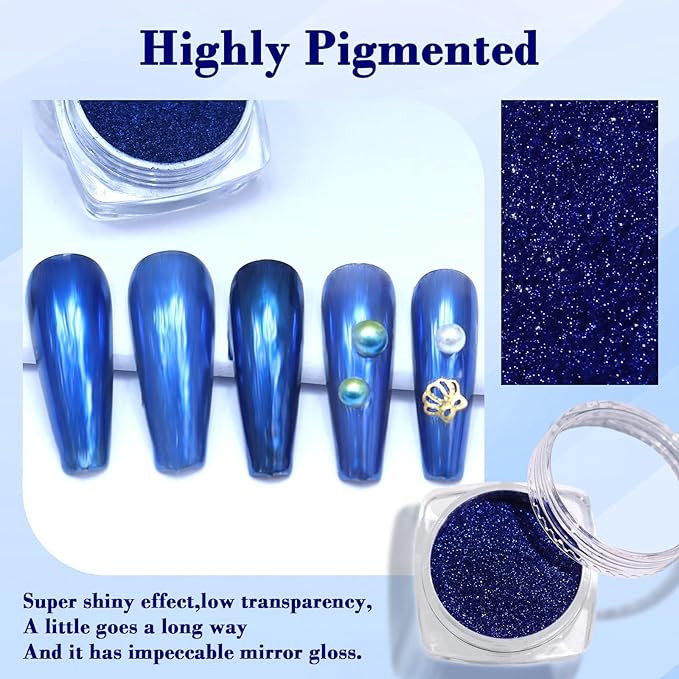 Chrome Nail Powder, Metallic Mirror Effect Holographic Shimmer Glitter Dust Manicure Decoration Nail Art Pigment for DIY Gel Polish Nail Art, Resin Craft, Salon, Gifts - Royal Blue