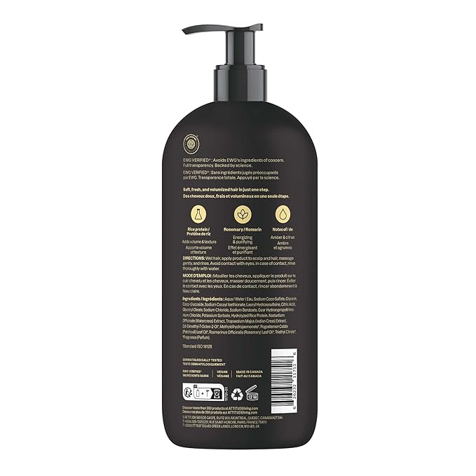 ATTITUDE Men's Shampoo and Conditioner 2-in-1, Volumizing for Thin Hair, With Rosemary and Rice Protein, 97% Natural Origin Ingredients, EWG Verified, Amber & Citrus, 32 Fl Oz