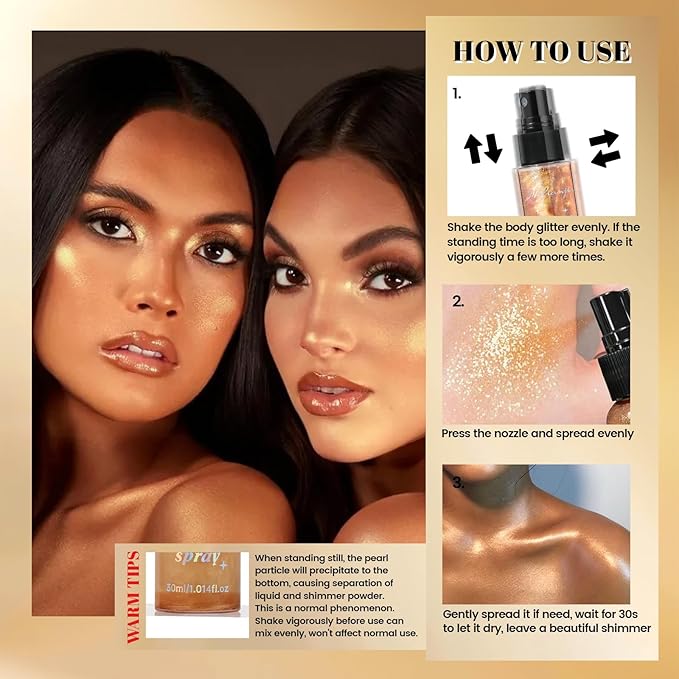 Noerrors 3pcs Body Glitter Spray Set Holographic Liquid Highlighter Glow Shimmer Mist Luminizer Sparkles Shinny Illuminator Multichrome Iridescent Makeup for Hair Body Face -Rose Gold Bronze White