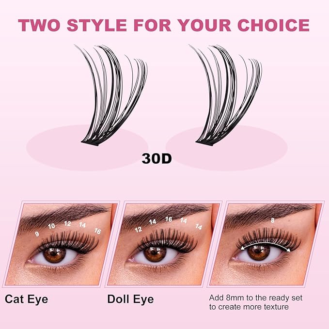 Uilulu Lash Clusters kit 9-16mm DIY Lash Extension Kit 280 30D D Curl Lash Clusters 0.07D Natural Individual Lashes Clusters False Eyelashes Wispy Eye Lash Kits Extensions Kit