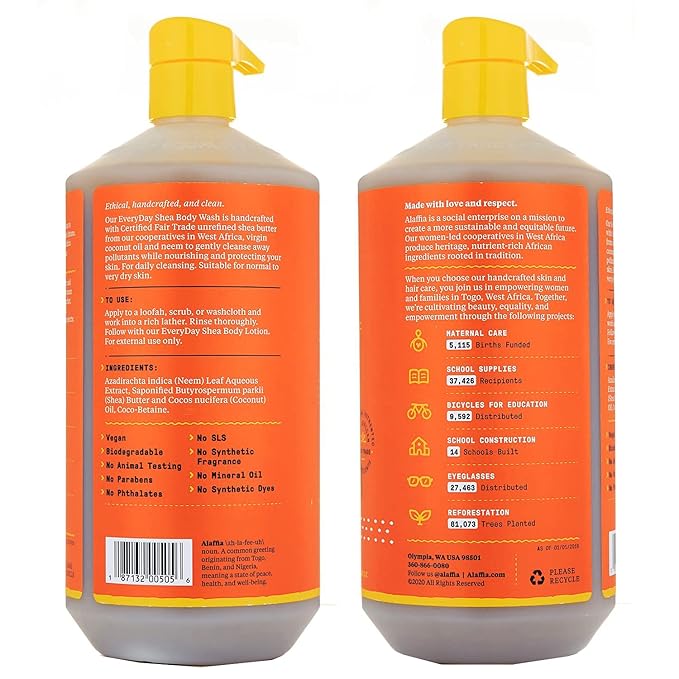 Alaffia Body Wash, EveryDay Shea, Unscented 2-Pack – Gentle Skin Cleanser, Shower Gel for Normal to Very Dry Skin, 32 Oz Ea