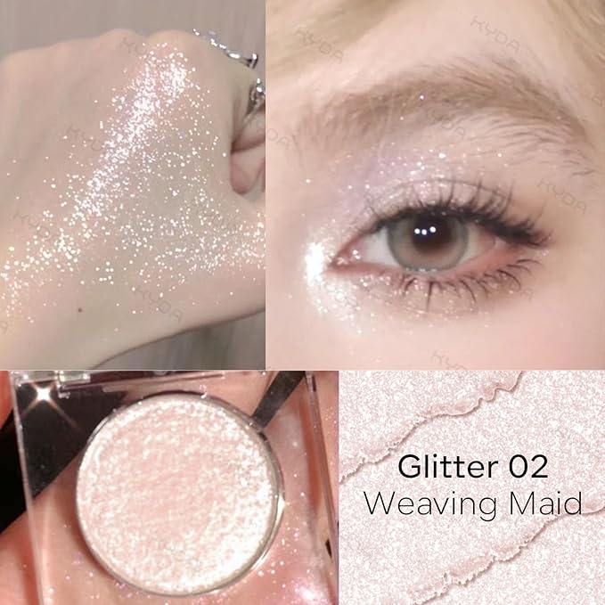 KYDA Single Glitter Eyeshadow, Pale Champagne Silver Eyeshadow, Lasting Blendable Shimmer Pearl Eyes Shadow, Sparkling Eyes Glitter, Soft Buildable Glossy Color, Wet Look Effect, Weaving Maid