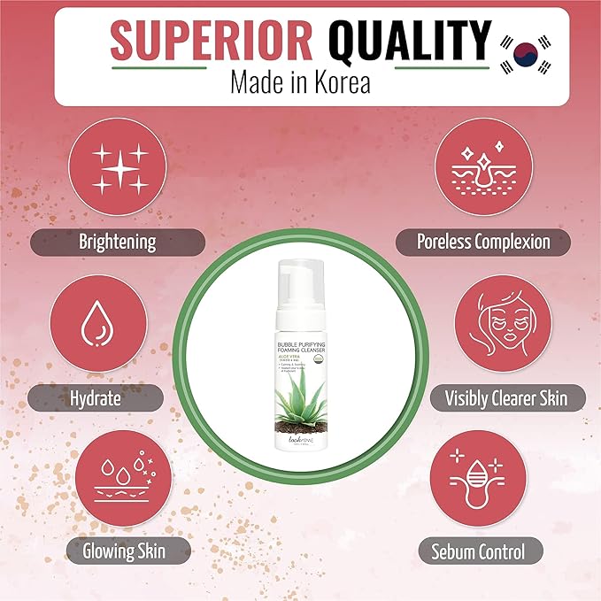 LOOKATME Korean Face Wash for Sensitive Skin - Water Based Bubble Skincare Cleanser - K Beauty Natural Acne Foaming Cleaner - Hydrating Skin Care Cleansing Foam with Low pH - Aloe Vera