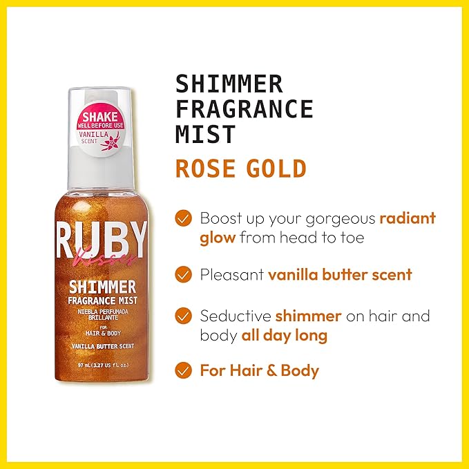 Ruby Kisses Shimmer Fragrance Body and Hair Mist Spray, Vanilla Glitter Body Perfume Spray, Skin Perfume, Liquid Illuminator Highlighter for Skin (ROSE GOLD)