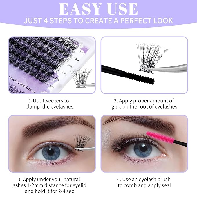 WENDY LASHES Clusters for Eyelash Extensions: 12-16mm Mixed, Lightweight, Natural, Wispy, Waterproof, Cat Eye, DIY at Home, D Curl, Wendy, C3+C9, FD318