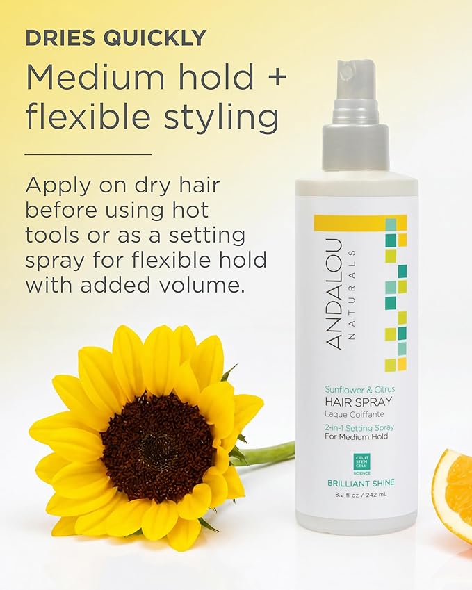 Andalou Naturals Sunflower & Citrus Brilliant Shine Hair Spray | Styling for Shine & Medium Hold | Aloe Vera for Frizz Control | Natural & Cruelty Free | 8.2 fl oz