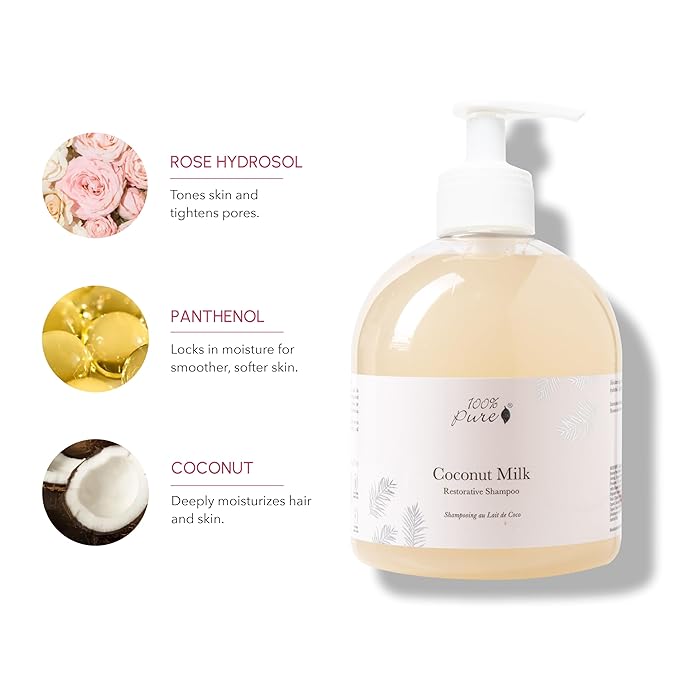 100% PURE Coconut Milk Restorative Shampoo & Cleansing Detox Helps Restore Damaged Hair, Replenish Moisture & Body - Healthy Hair Growth for Women & Men - Sulfate Free - 16 Fl Oz