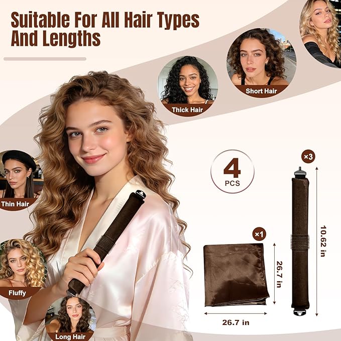 TULOBI 3 Pcs Heatless Curls Overnight - Upgraded Velvet Heatless Curls with Velcro Fastener, Overnight Jumbo Blowout Rods, Hair Curlers to Sleep in for Fine/Thick/Long Hair (Brown)