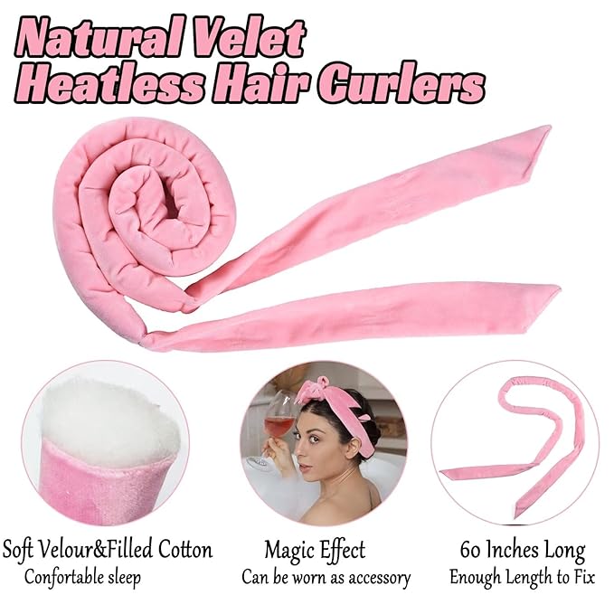 Heatless Curling Rod Headband For Long Hair Overnight Curlers to Sleep In 61" Hair Rollers Soft Cotton Velour Hair Rollers For Women Girls-Pink