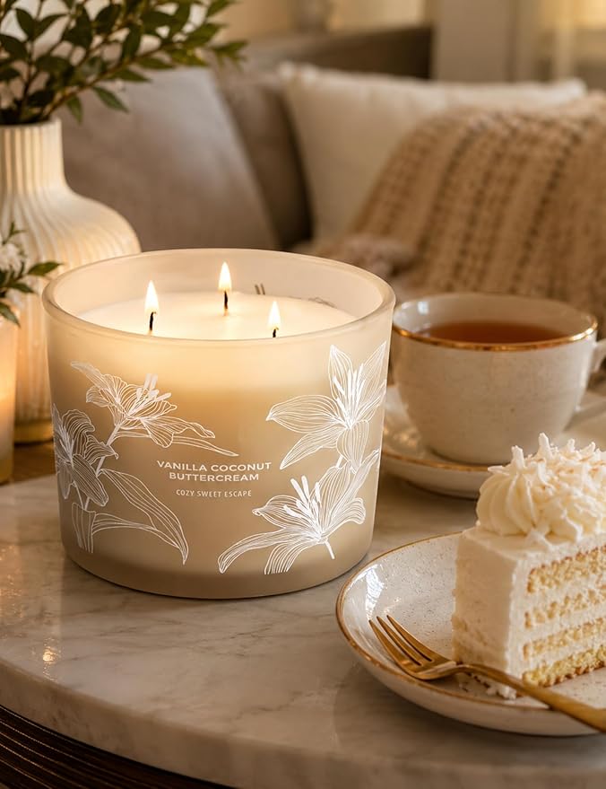 Vanilla Coconut Buttercream Candle, 14.5oz Large 3-Wick Soy Scented Candles for Home, Vanilla Cupcake Candle, Long Lasting Aromatherapy Candle, Gift for Mom Women