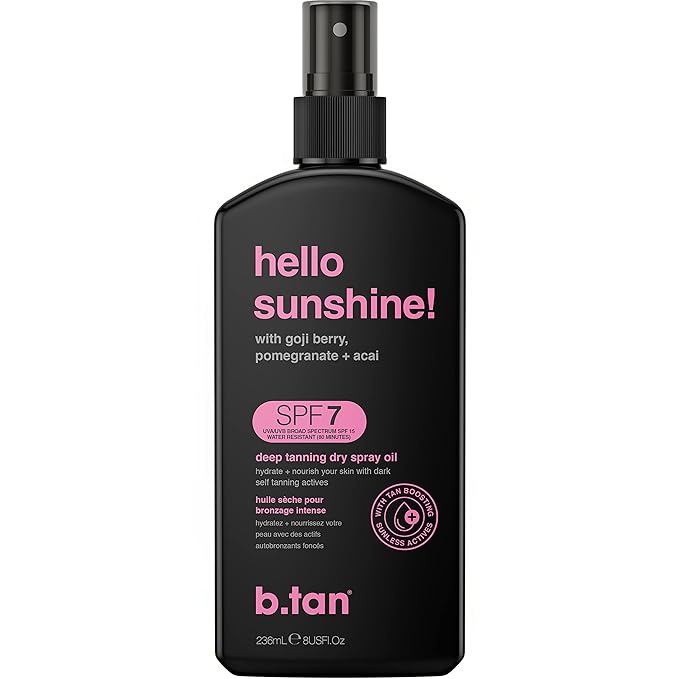 b.tan SPF 7 Tanning Oil | Hello Sunshine - Deep Suntan Dry Spray, Best Outdoor Browning Body Mist, Packed with Moisturizing Goji Berry, Pomegranate + Açai, Austrailian Brand, 8 Fl Oz