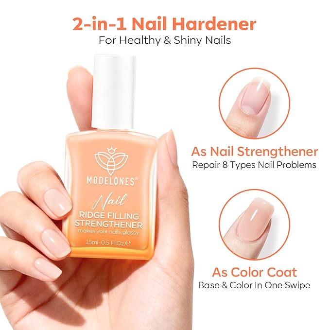 modelones Nail Strengthener and Growth, Nude Apricot Nail Polish No Harsh Smell Repair for Damaged Thin Nails Hardener Extra Strong Treatment for Women Nail Care Natural Ridge Filler Concealer 15 ML