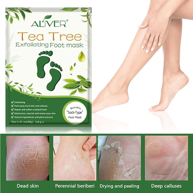 Foot Peel Mask 5 Pack, Skin Exfoliating Foot Masks, Natural Exfoliator for Dry, Callus, Dead Skin Remover, Repair Rough Heels Feet Peeling Mask for Men Women (Tea Tree Scent)