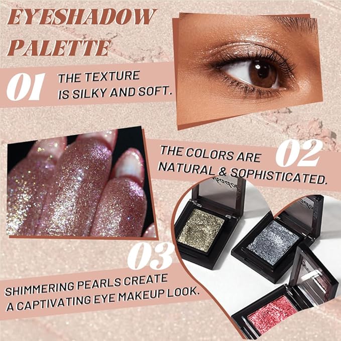 Pressed Single Eyeshadow Makeup, Sparkle Highly Pigmented Monochrome Eye Shadow Palette, Waterproof Neutral Powder, sombras para ojos, Lightweight Blendable, #04 Rose Gold+#06 Champagne Gold