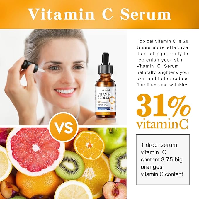 Vitamin C Serum for Face 2oz 31% Vitamin C Facial Moisturizer Anti Aging Reduces Age Spots and Sun Damage Natural Brightening Serum with Hyaluronic Acid and Astaxanthin