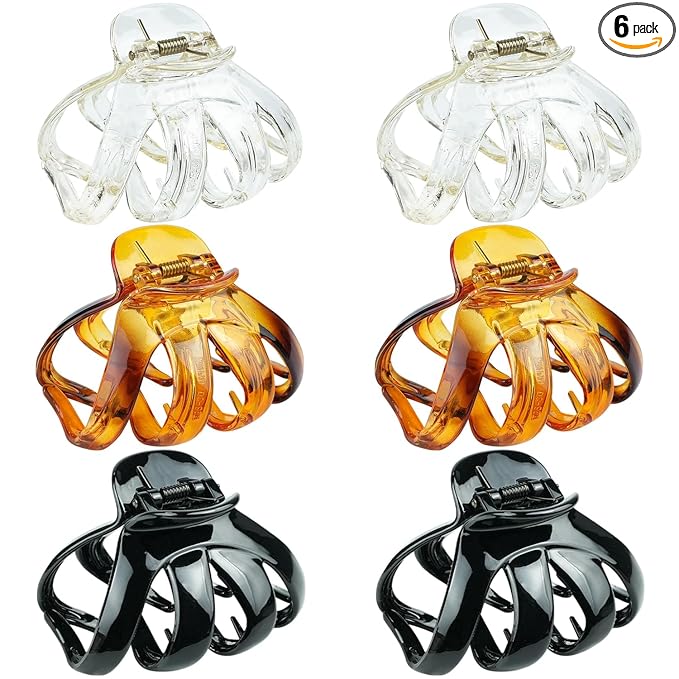 MAORULU Big Claw Hair Clips for Women and Girls, Strong Hold, 6 Packs (Black, Clear, Tortoise)
