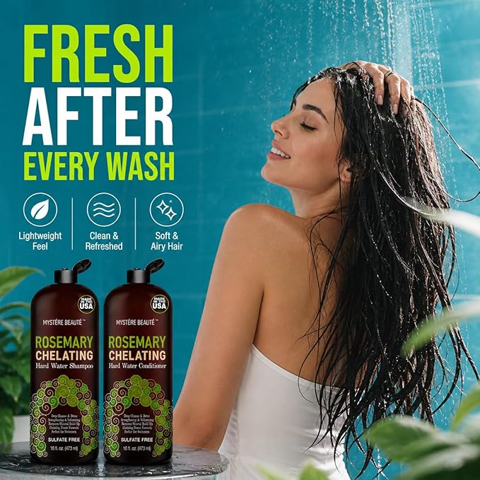 Chelating Rosemary Shampoo and Conditioner Set – Clarifying Hard Water & Chlorine Removal Formula with Tea Tree, Biotin & Keratin – Sulfate Free Hair Growth Detox Shampoo – 16 oz Each MYSTÈRE BEAUTÉ
