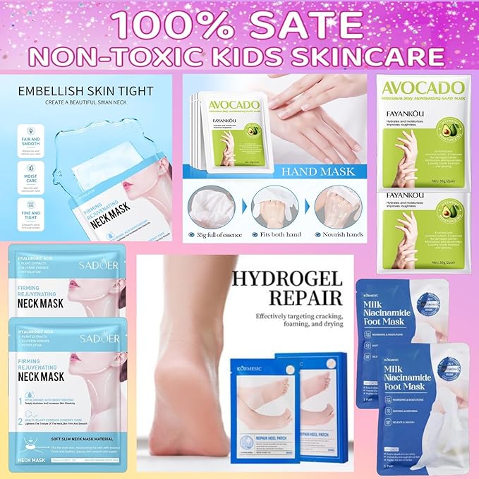 16 PCS Spa Party Supplies for Girls，Spa Party Favors Include Facial Masks, Lip Mask & Under Eye Patches, Hand Masks, Foot Masks &Cervical Masks for Girls, Sleepover Party gifts