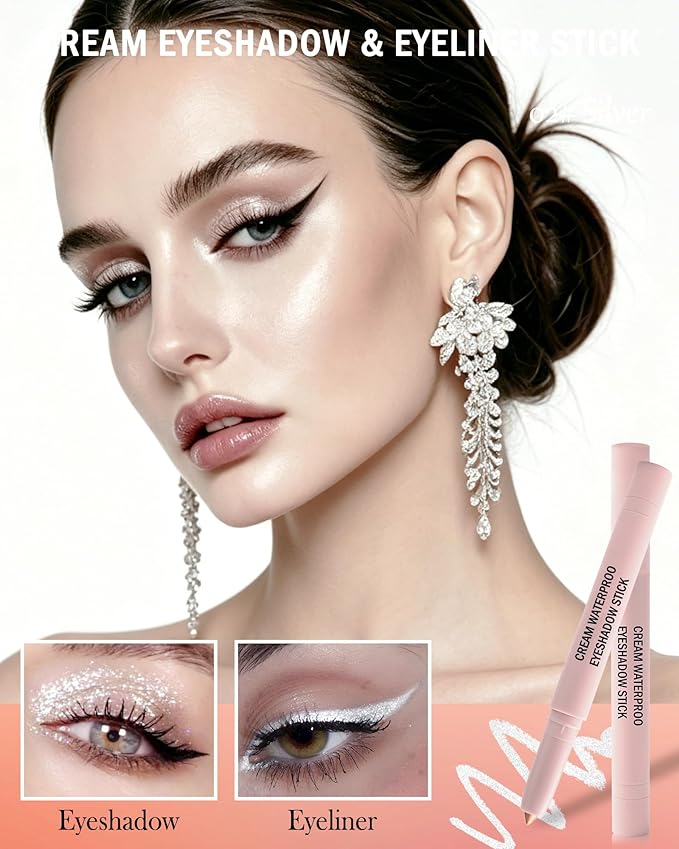 Cream Eyeshadow Stick, Silver Eyeshadow Brightener with Sharpener & Blending Blush, High Pigment Neutral Eye Shadow Stick, Waterproof Smooth Glitter Eyeliner Buildable Beauty Makeup for Women-02