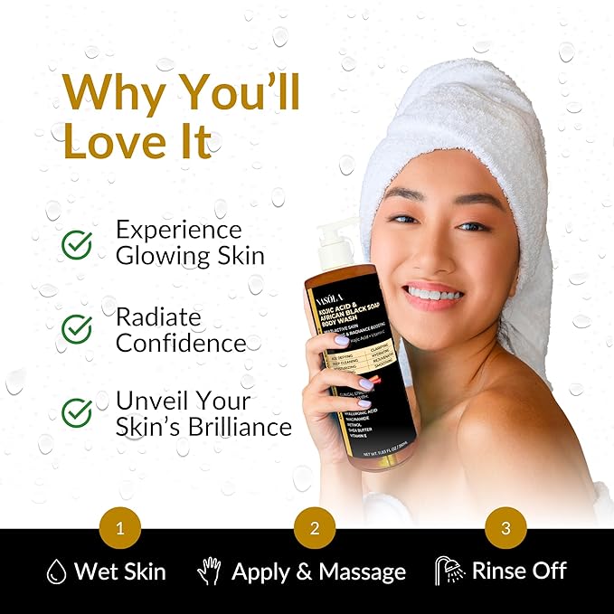 Nasola African Black Soap Body Wash with Kojic Acid, Vitamin C, Retinol, Niacinamide, Shea Butter, Collagen & Hyaluronic Acid – Deep Cleansing, Skin Clarifying & Hydrating Men & Women Body Wash