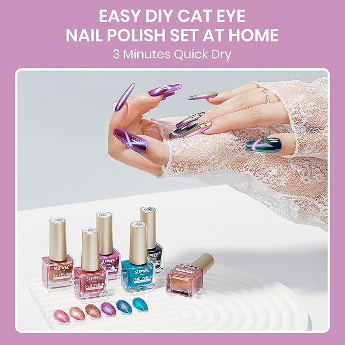 Quick Dry Cat Eye Nail Polish Set, Magnetic Nail Polish Non Gel, Air Fast Dry Cateye Nail Lacquer with Magnet High Glossy DIY Salon for Women Girl