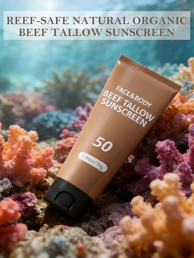Beef Tallow Sunscreen for Face, Natural Reef Safe Sunblock for Face Body, Non Greasy Clean Travel Sun Screen Sunblock for Sunmmer Beach Outdoor Travel, 2.46 OZ