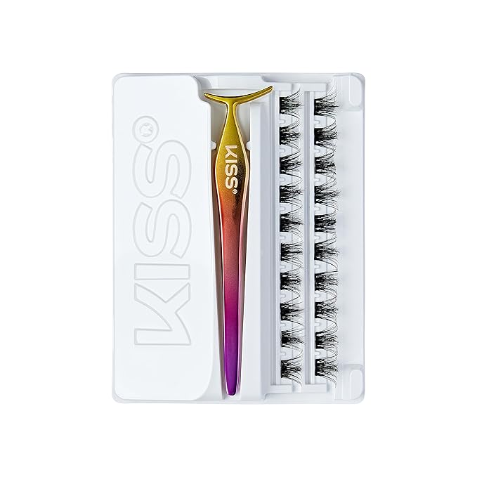 KISS imPRESS Falsies Press On Self Adhesive Eyelashes, 12mm-14mm Glam Volume Press On Lashes, Black, No Glue Needed, Invisible Band, Lash Clusters & Non-Stick Applicator - Spiky 20 Count (Pack of 2)