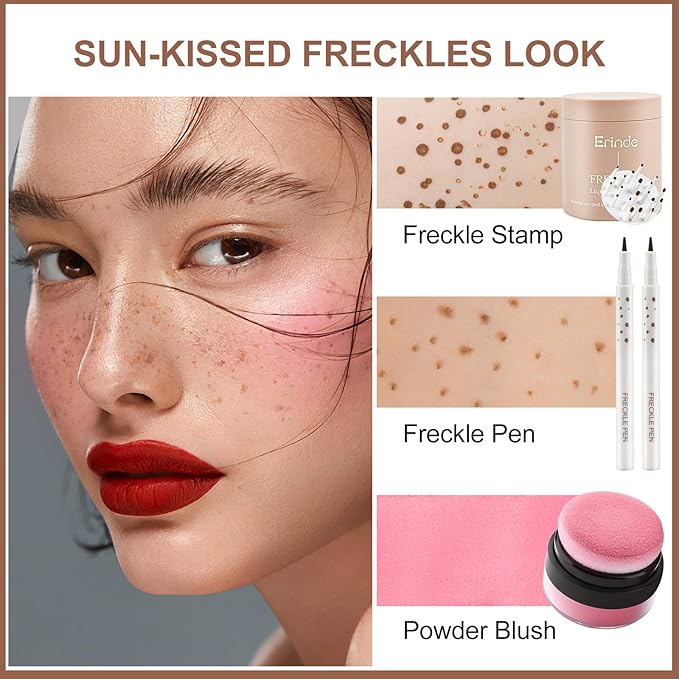 Erinde Natural Freckle Foundation Makeup Kit - Liquid Freckle Pen & Fake Freckles Stamp Air Cushion & Powder Cushion Blush, Long Lasting Waterproof Freckles Tattoo Marker for Natural Sunkissed Makeup