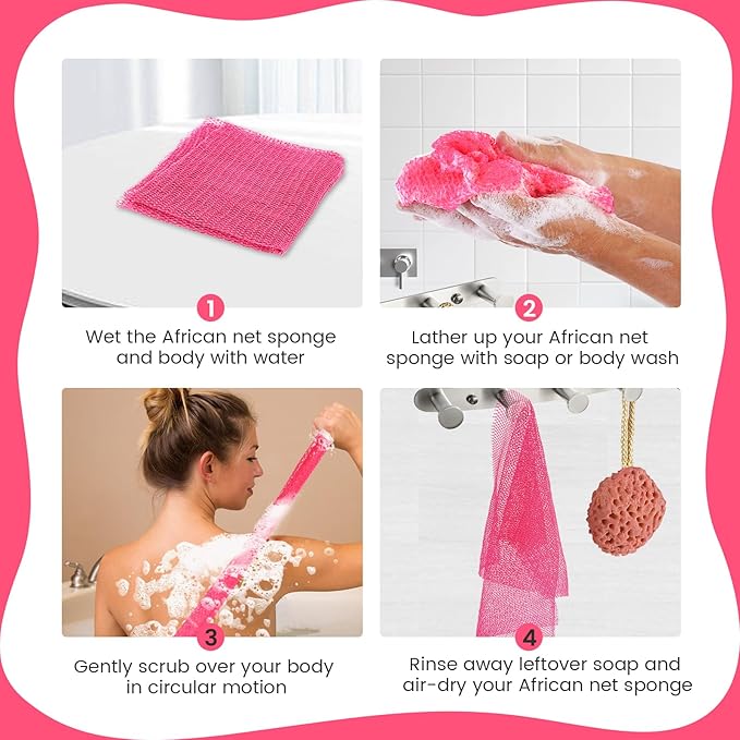 ZOCY African Net Sponge, Authentic Exfoliating Body Scrubber for Bath and Shower, Multiple Textures with Gentle Deep Exfoliating and Rich Lather for All Skins (Pink)