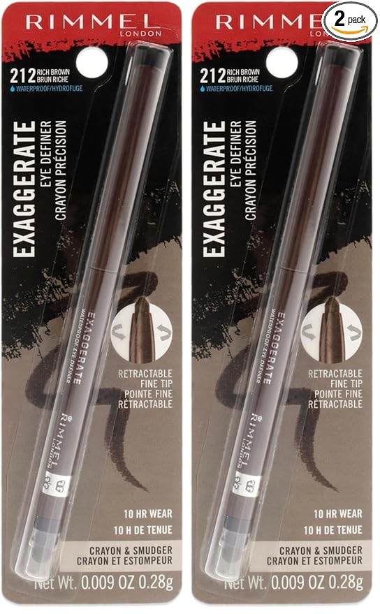 Rimmel London Exaggerate Waterproof Eye Definer Eyeliner, Highly Pigmented, Long-Wearing, Built-In Smudger, 212, Rich Brown, 0.01oz (Pack of 2)
