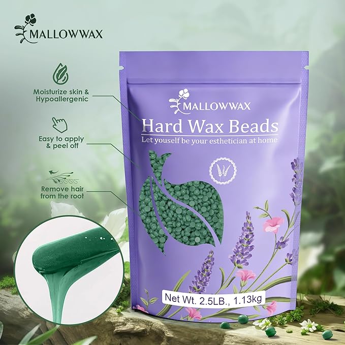 Mallowwax Hard Wax Beads - Wax for Sensitive Skin Hair Removal - 2.5lb Tea Tree Wax Beads for Face, Underarms, Bikini, Legs