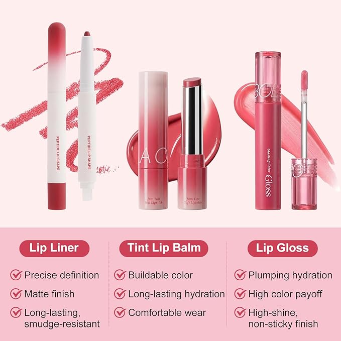 3PCS Lip Combo Set — Matte Lip Liner Pencil, Hydrating Tint Lipstick & Shine Gloss, Non-Sticky Long-Lasting Plumping Lip Makeup Kit for Women, Volume Sculpt Trio, 03