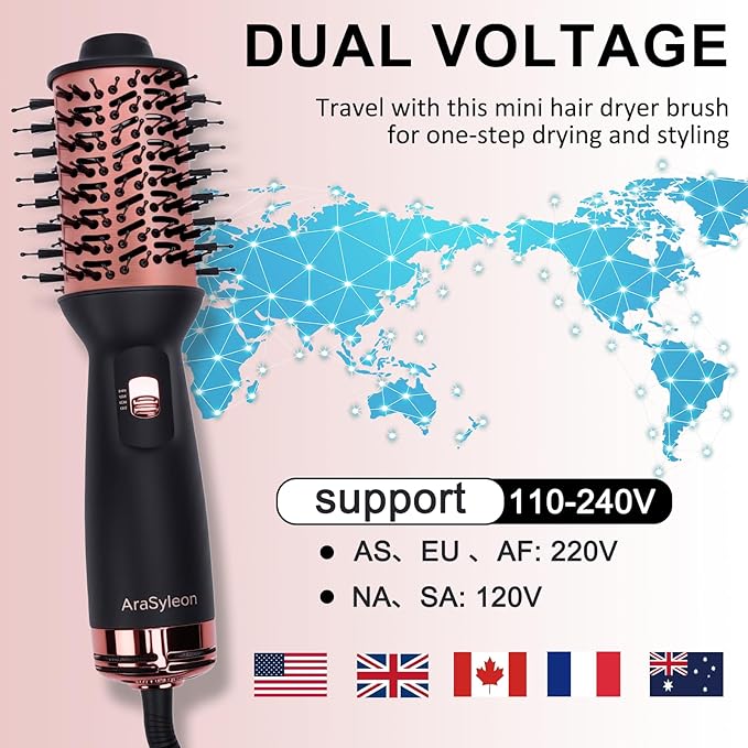 Dual Voltage Travel Hair Dryer Brush, Small Portable Ionic Powerful Blow Dryer, Drying Straightening Curling in One Step, Suitable for Women & Kids with Long Hair