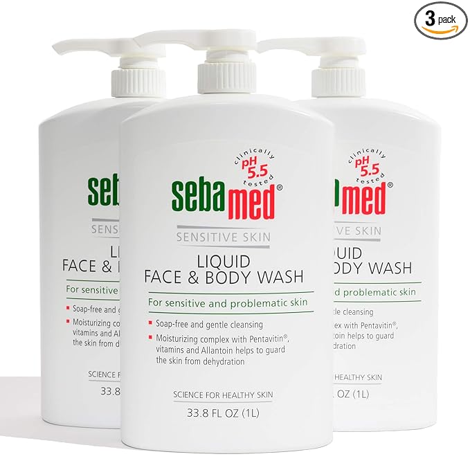 SEBAMED Paraben-Free Face and Body Wash With Pump for Sensitive and Delicate Skin pH 5.5 Ultra Mild Dermatologist Recommended Cleanser 33.8 Fluid Ounces (1 Liter) Pack of 3