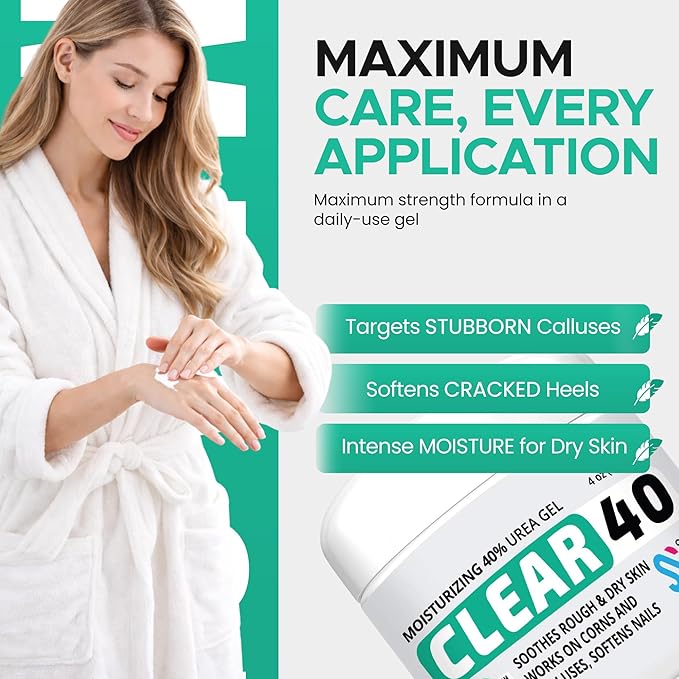 CLEAR 40 Urea Gel 40% (4 oz) with Tea Tree & Coconut Oil & Aloe Vera – Intensive Moisturizing & Exfoliating Gel for Dry Rough Skin, Feet, Heels, Elbows, Hands & Nails – Fast Absorbing Hydration