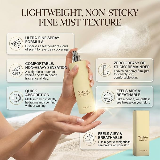 Vanilla on the Beach Hair and Body Mist, Vanilla Ocean Fragrance Spray, Lightweight Fragrance Spray, Warm Coconut & Vanilla Scent for Hair and Skin, Long-Lasting Summer Mist, 8.11 fl oz (2 Pcs)