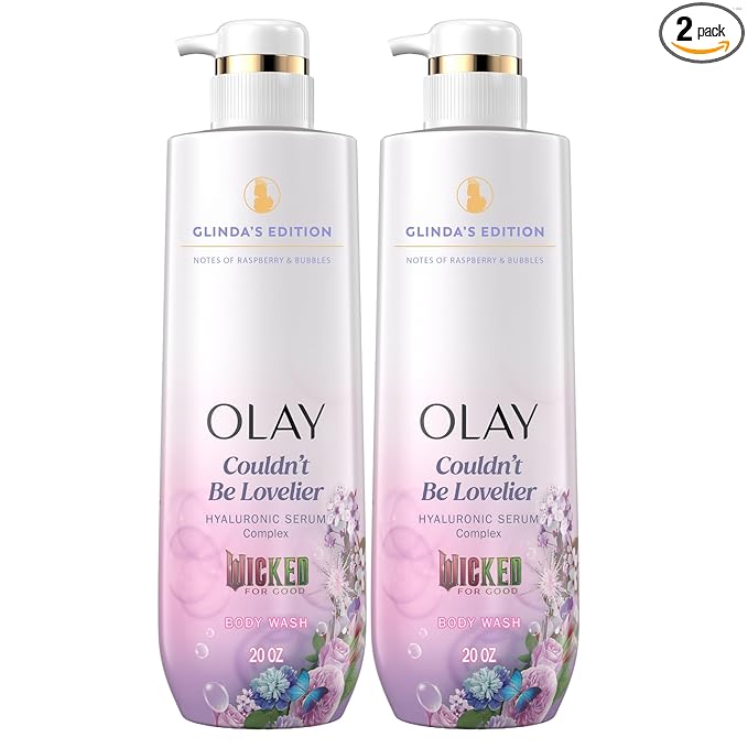 Olay Body Wash for Women, Couldn't Be Lovelier Glinda's Edition, Intensely Hydrating & Renewing, Pro-Hyaluronic Acid Serum & Vitamin B3, All Skin Types, Raspberry & Bubbles Scent, 20 fl oz (Pack of 2)