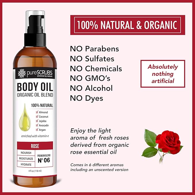 pureSCRUBS Ultra Moisturizing Rose Body Oil Spray For Dry Skin, Massage, Cuticles & More, Organic Super Blend of Jojoba, Argan, Coconut, Sweet Almond & Avocado Oils Enriched with Vitamin E, Lg 4oz