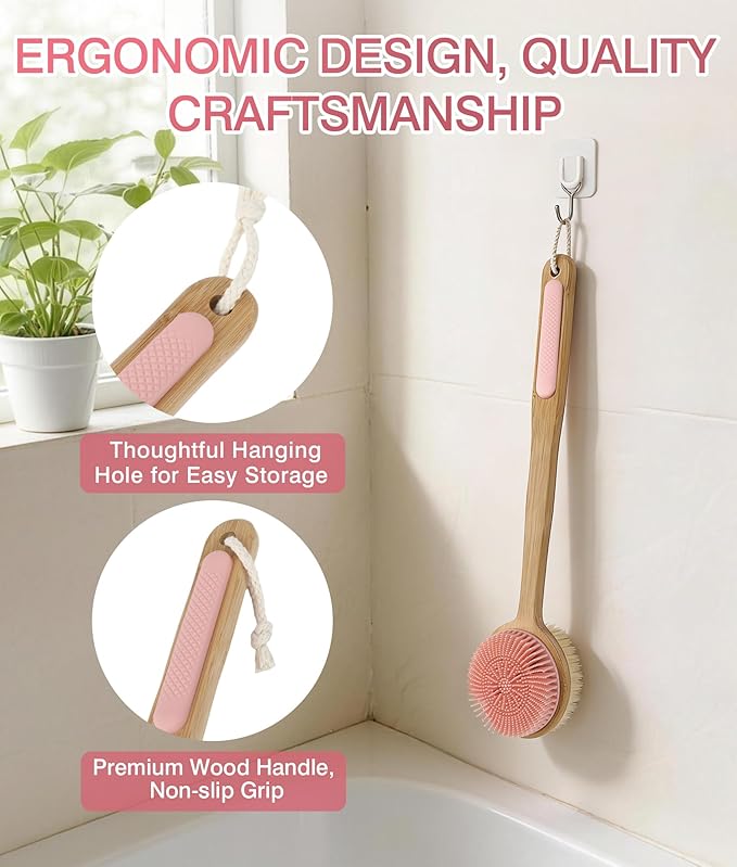 Back Scrubber for Shower + Body Scrubber 2 Pack, Dual Sided Silicone & Nylon Bristles Lather Well Exfoliating Anti-Slip Wood Long Handle Back Scrubber Body Exfoliator for Wet/Dry Bath Brush Pk+Bl