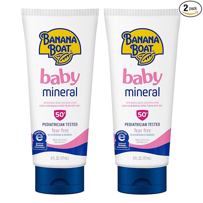 Banana Boat 100% Mineral Baby Sunscreen Lotion SPF 50 Twin Pack | SPF 50 Sunscreen for Babies, Baby Sunblock Lotion, Oxybenzone Free, 6oz each