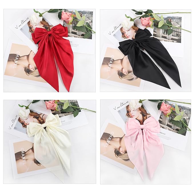 3Pcs Hair Bows For Women, Silky Ribbons Hair Women's Oversized Bow Metal Spring Clips Temperament Beautiful Hair Accessories Gift （3Pcs/Wine Red, Black, Cream White, ）