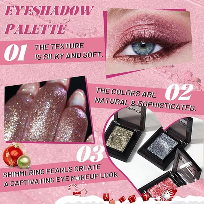 Pressed Single Eyeshadow Makeup,Rose Red Sparkle Highly Pigmented Monochrome Eye Shadow Palette, Waterproof Neutral Powder Mini Eyeshadow, sombras para ojos, Lightweight Blendable,#04