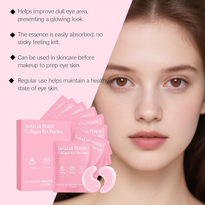 Eye Patches with PDRN & Collagen – Anti-Wrinkle Under Eye Patches for Dark Circles, Puffy Eyes & Hydration, Instalift Gel Mask, 8 Pairs