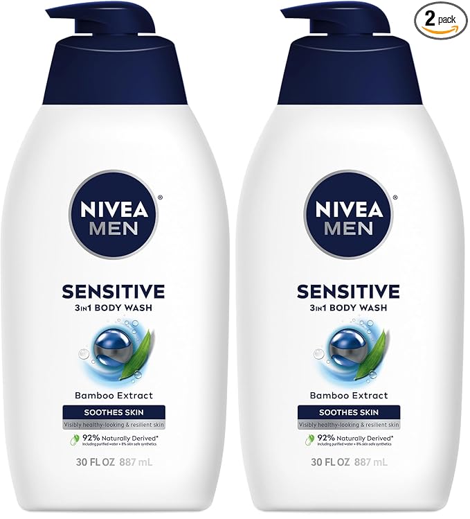 Nivea Men Sensitive Body Wash with Bamboo Extract, Moisturizing Body Wash for Sensitive Skin, Soap Free Shower Gel for Men with No Drying Alcohol, 30 Fl Oz Bottle (Pack of 2)