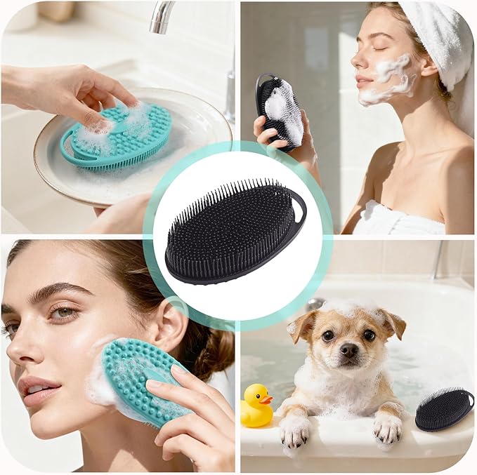 2 Pack Silicone Body Scrubber, Exfoliating Silicone Shower Scrubber for Body, Gentle 2 in 1 Silicone Loofah Alternative for Women Men, Dual-Sided Soft Bath Scrubber for All Skin, Black+Green