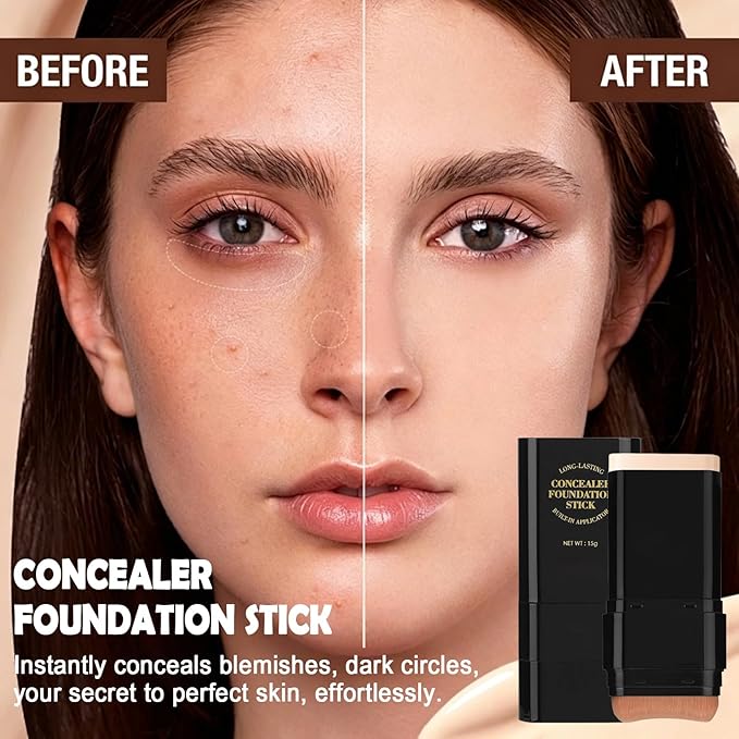 Foundation Stick, 2 in 1 Dual-Ended Long-Lasting Concealer Korean Foundation Contour Stick, Waterproof Contouring foundation with Brush, Full Coverage Matte Finish for Face Makeup(01#IVORY)