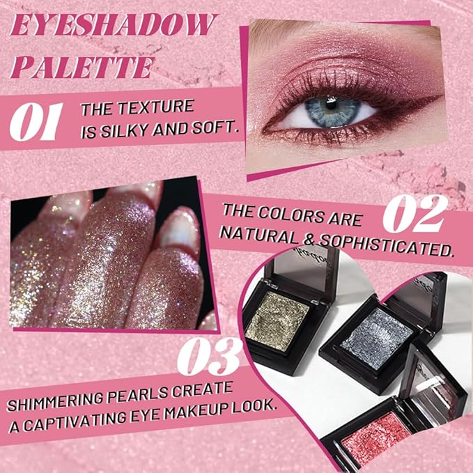 WanTuoluo Sparkly Eyeshadow Palette for Women, Single Monochrome Eye Shadow Makeup, Shiny Pressed Cream Powder, Blendable Natural sombras para ojos, Holographic,Vegan,Travel (04-Glitter-Rose Pink)