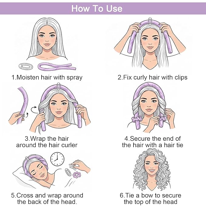 2 Sets Small Heatless Curling Rod, 160 CM Long Heatless Curlers for Long Hair with 4 hair clips and 4 hair ties, Over Night Heatless Curl Rod for Women and Girls(Black, Purple)