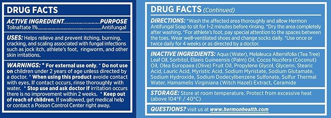 Hermon Jock Itch Antifungal Soap: Antifungal Bar with Tea Tree Oil Soothing Care & Relief of Itching, Burning & Scaling from Jock Itch, Athlete’s Foot & Ringworm – 2 Bars